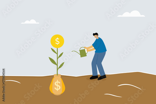 Monetize idea, businessman watering of growing money coun plants from bulb idea