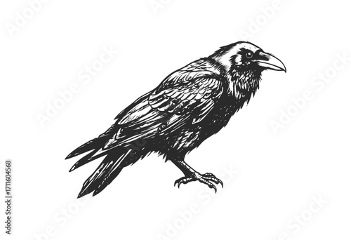 Detailed black and white illustration of a raven perched - stock vector