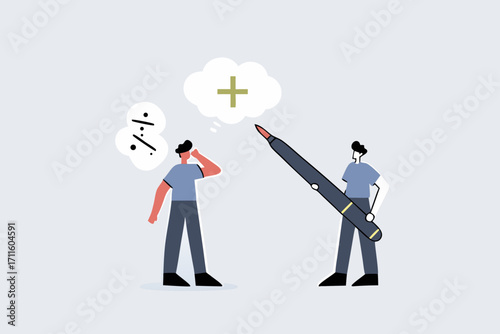 Think positive mindset, business manager with a pencil to draw positive sign on employee negative thought