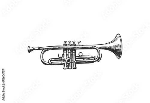 Detailed black and white sketch of a trumpet with intricate valve details - stock vector