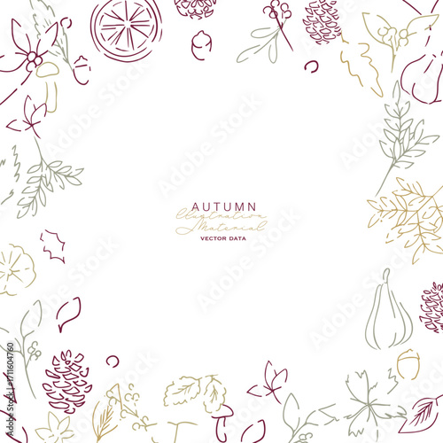 秋の落ち葉と木の実のベクターイラスト。葉っぱの秋植物イラスト。秋の線画背景。Autumn leaves and nuts vector illustration. Autumn plant illustration with leaves. Autumn line art background.