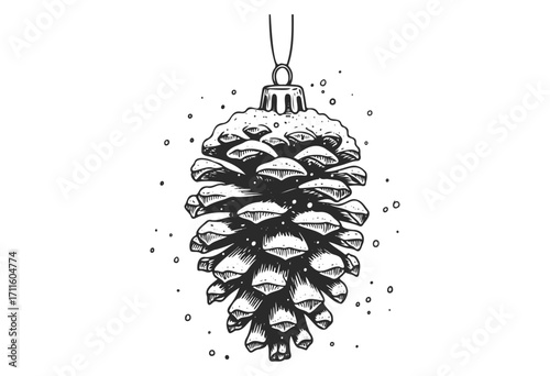 Hand-drawn pinecone christmas ornament with snowy details - stock vector