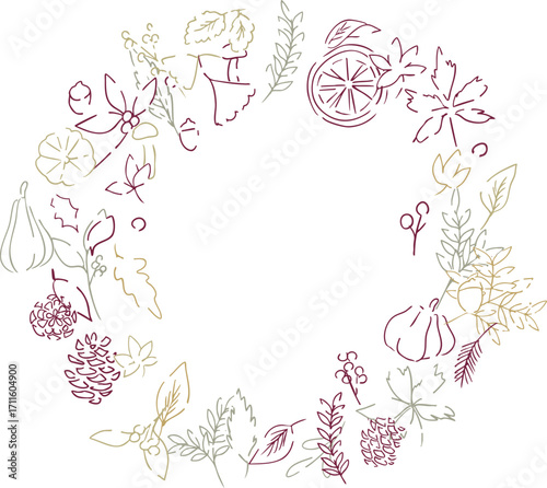 秋の落ち葉と木の実のベクターイラスト。葉っぱの秋植物イラスト。秋の線画背景。Autumn leaves and nuts vector illustration. Autumn plant illustration with leaves. Autumn line art background.