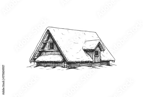 Snow-covered a-frame cabin in winter landscape drawing - stock vector