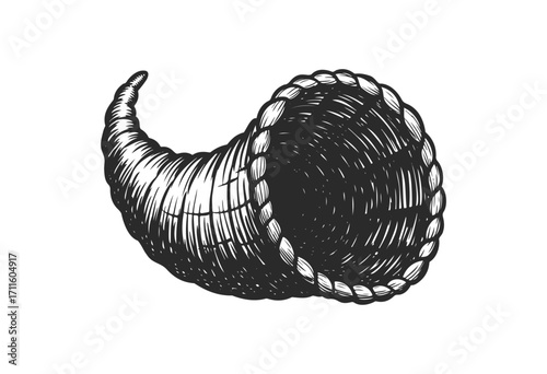 Detailed cornucopia sketch with textured woven design in black and white - stock vector