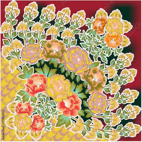 Bright Floral Folk Art Scarf Vector with Yellow and Orange Flowers