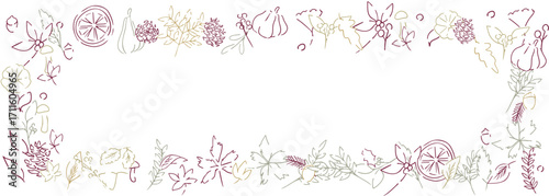 秋の落ち葉と木の実のベクターイラスト。葉っぱの秋植物イラスト。秋の線画背景。Autumn leaves and nuts vector illustration. Autumn plant illustration with leaves. Autumn line art background.