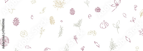 秋の落ち葉と木の実のベクターイラスト。葉っぱの秋植物イラスト。秋の線画背景。Autumn leaves and nuts vector illustration. Autumn plant illustration with leaves. Autumn line art background.