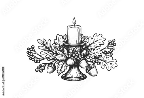 Hand-drawn autumn candle holder with acorns, leaves, and berries - stock vector