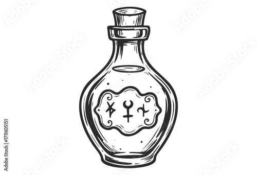 Vintage glass potion bottle with alchemical symbols on label - stock vector