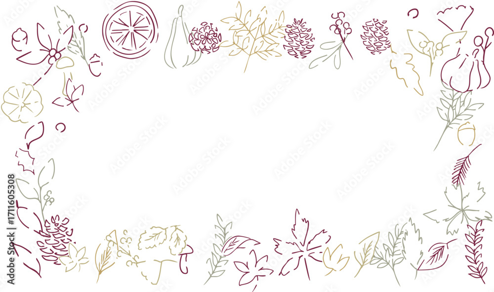 Naklejka premium 秋の落ち葉と木の実のベクターイラスト。葉っぱの秋植物イラスト。秋の線画背景。Autumn leaves and nuts vector illustration. Autumn plant illustration with leaves. Autumn line art background.