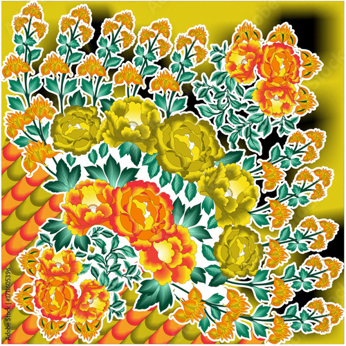 Bright Yellow and Orange Floral Folk Art Scarf Vector Design