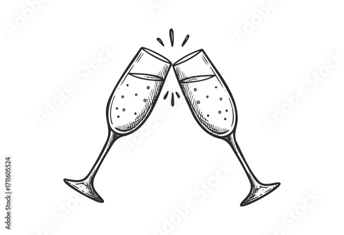Celebratory toast: sketch of two champagne glasses clinking with bubbly - stock vector