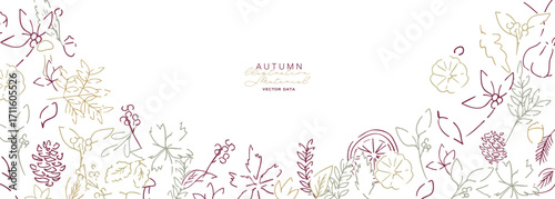 秋の落ち葉と木の実のベクターイラスト。葉っぱの秋植物イラスト。秋の線画背景。Autumn leaves and nuts vector illustration. Autumn plant illustration with leaves. Autumn line art background.