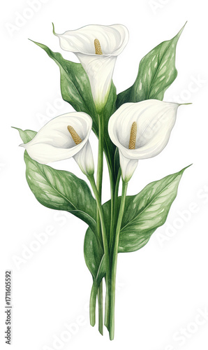 Watercolor painting of three white calla lilies with green leaves, isolated on transparent background delicate floral illustration for cards, invitations, and decor