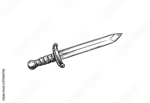 Vintage hand-drawn sword illustration with detailed crossguard and grip - stock vector