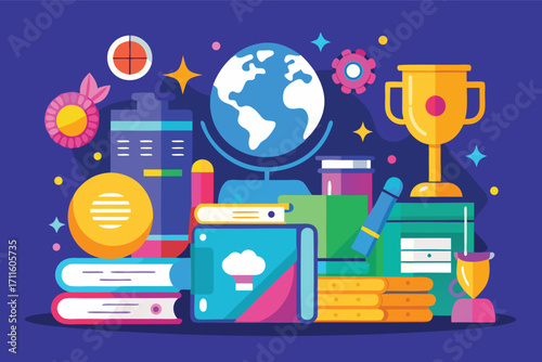 Colorful study materials and symbols of achievement arranged in a creative workspace setup