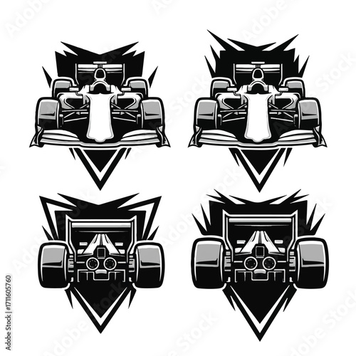 Four black and white stylized illustrations of Formula 1 race cars, presented in front and rear views with geometric backgrounds.