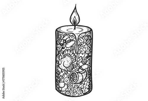 Ornate thanksgiving candle with harvest symbols and turkey design - stock vector