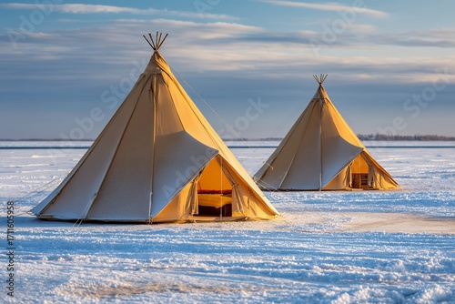 Snowy landscape with two large teepees under a cloudy sky at sunset