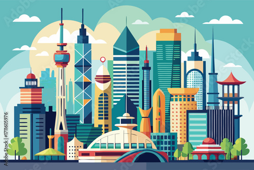 Energetic skyline featuring modern architecture and vibrant colors in a bustling urban setting