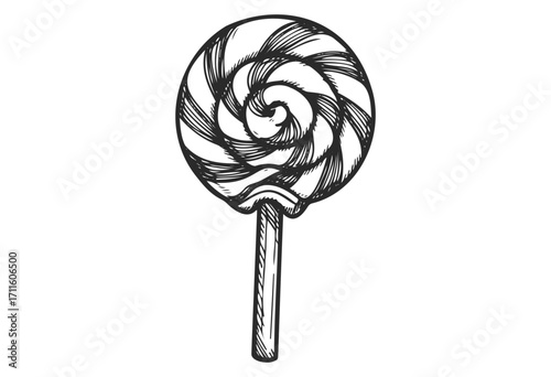 Vintage black and white swirled lollipop design with detailed sketch style - stock vector