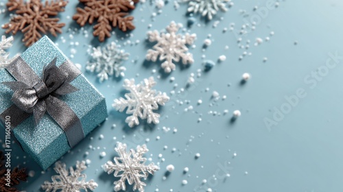 Light blue surface with gift box and snowflakes