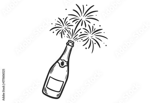 Celebratory champagne bottle with fireworks illustration - stock vector