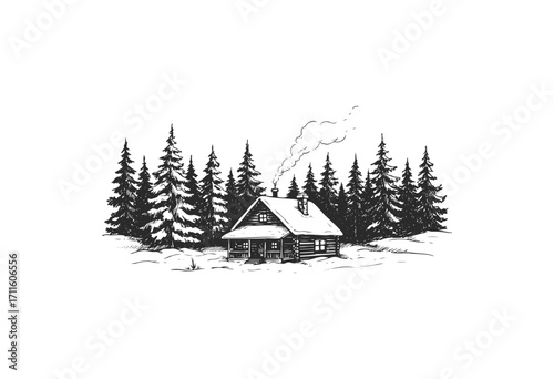 Remote winter cabin in snowy forest with smoke from chimney in black and white illustration - stock vector
