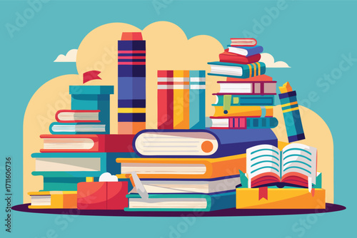 Colorful stack of books and reading items creating a cozy literary scene in a bright setting