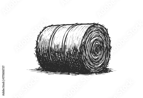 Monochrome sketch of rolled hay bale in rural setting - stock vector