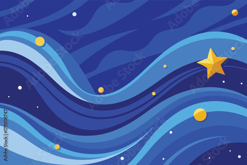 Vibrant blue waves and golden stars create a soothing night scene in artistic design