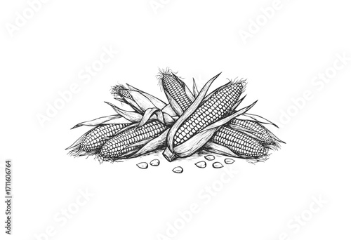 Hand-drawn corn cobs illustration with kernels and husks in black and white - stock vector