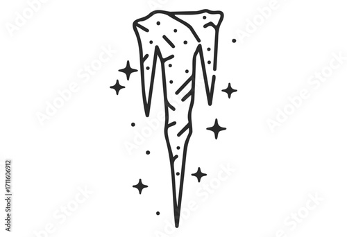 Stylized icicle with sparkles in hand-drawn black and white illustration - stock vector