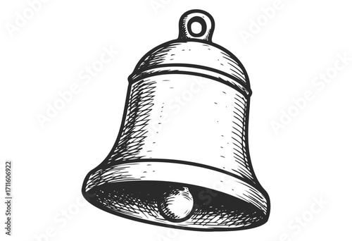 Vintage hand-drawn bell illustration in black and white - stock vector