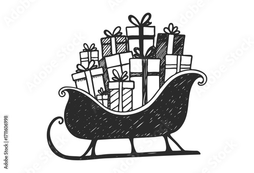 Hand-drawn sleigh filled with christmas gifts and presents - stock vector