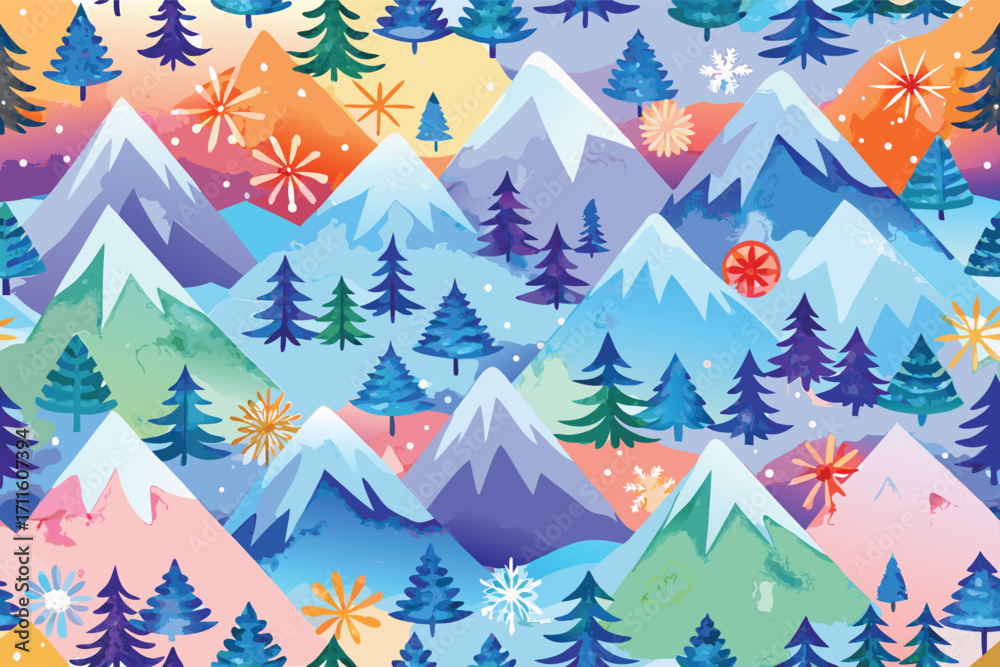 Fototapeta premium Colorful winter landscape with mountains and trees in a vibrant artistic style