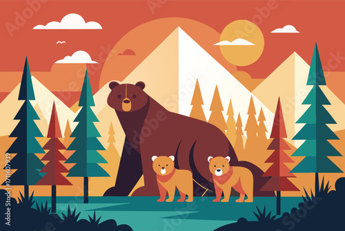Mother bear and her cubs exploring a peaceful forest landscape at sunset