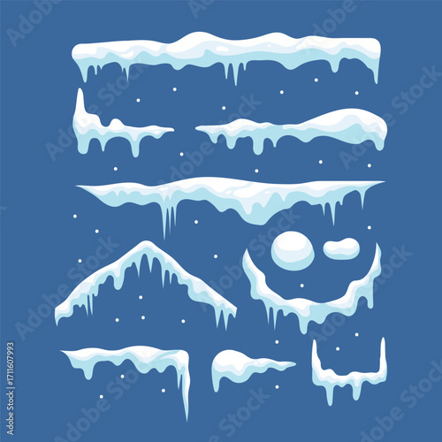 illustration of snow caps and icicles in different shapes and styles on a blue background, perfect for winter, Christmas, or game design elements