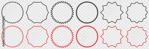 Black and re price sticker, sale or discount sticker, sunburst badges icon. Stars shape with different number of rays. Special offer price tag. Vector illustration