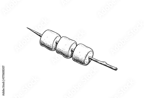 Sketched marshmallows on stick: grilled campfire treat illustration - stock vector