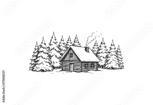 Rustic winter cabin in snowy pine forest with smoke from chimney - stock vector