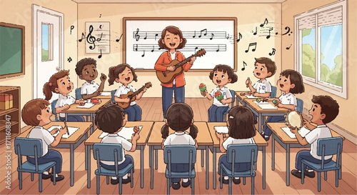 A cheerful music teacher leads a lively elementary school class in a song, with students playing various instruments and singing along.