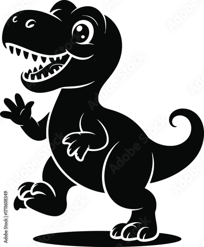 Playful Dinosaur Silhouette Illustration in Black Vector Style Featuring a Cartoon T-Rex with a Friendly Smile for Children's Designs