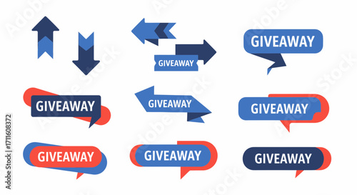 A collection of modern flat design giveaway banners promotional labels and arrow icons in blue and red.