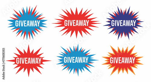A collection of six colorful giveaway starburst signs for promotional advertising and marketing.
