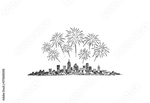 Hand-drawn city skyline with celebratory fireworks display at night - stock vector