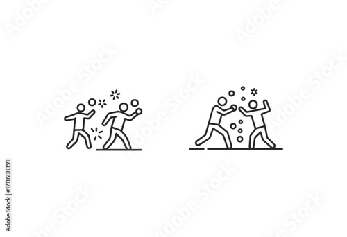 Icon illustrations of stick figures in winter snowball fight - stock vector