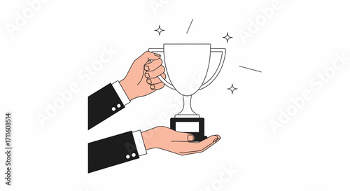 Business hands holding a gleaming white trophy symbolizing success and achievement.