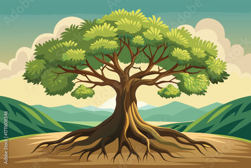 Majestic tree with lush green leaves stands tall against a serene mountainous background during daylight